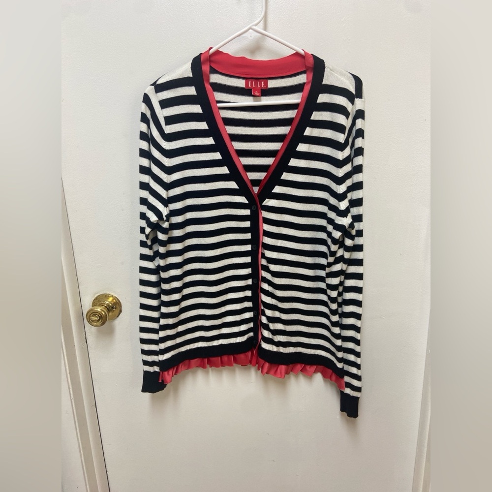 Elle Striped Black and White Cardigan with Red Accents